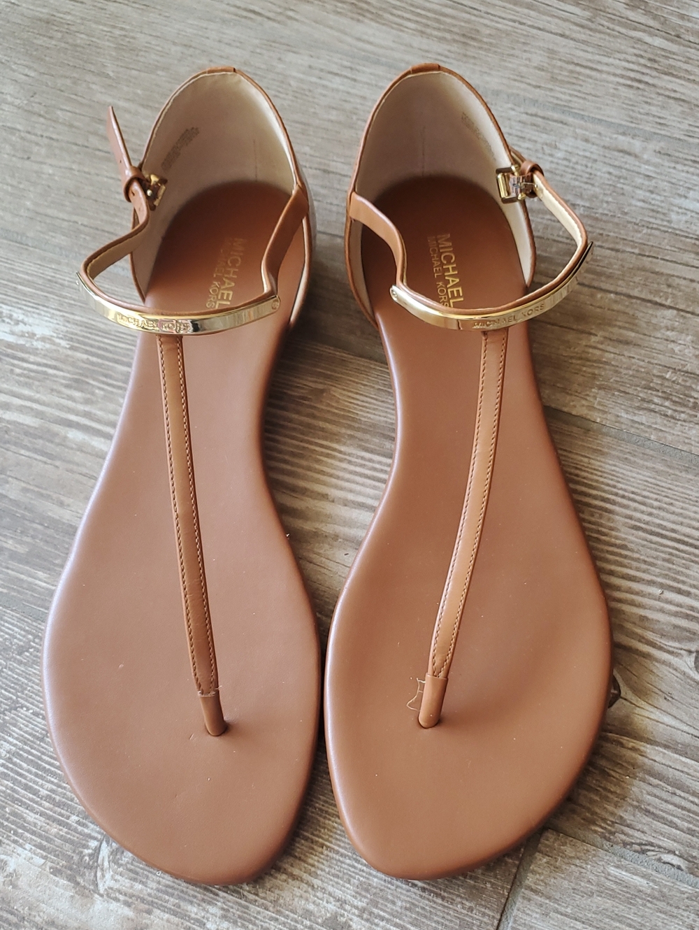 Michael Kors Brown T-Strap Sandals with Gold Accent, Womens Size 11